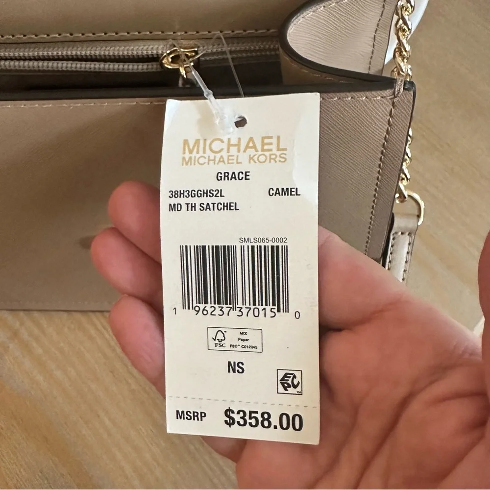 Michael Kors Grace TH Saffiano Leather Satchel Handle & Shoulder Bag MED Tan NWT